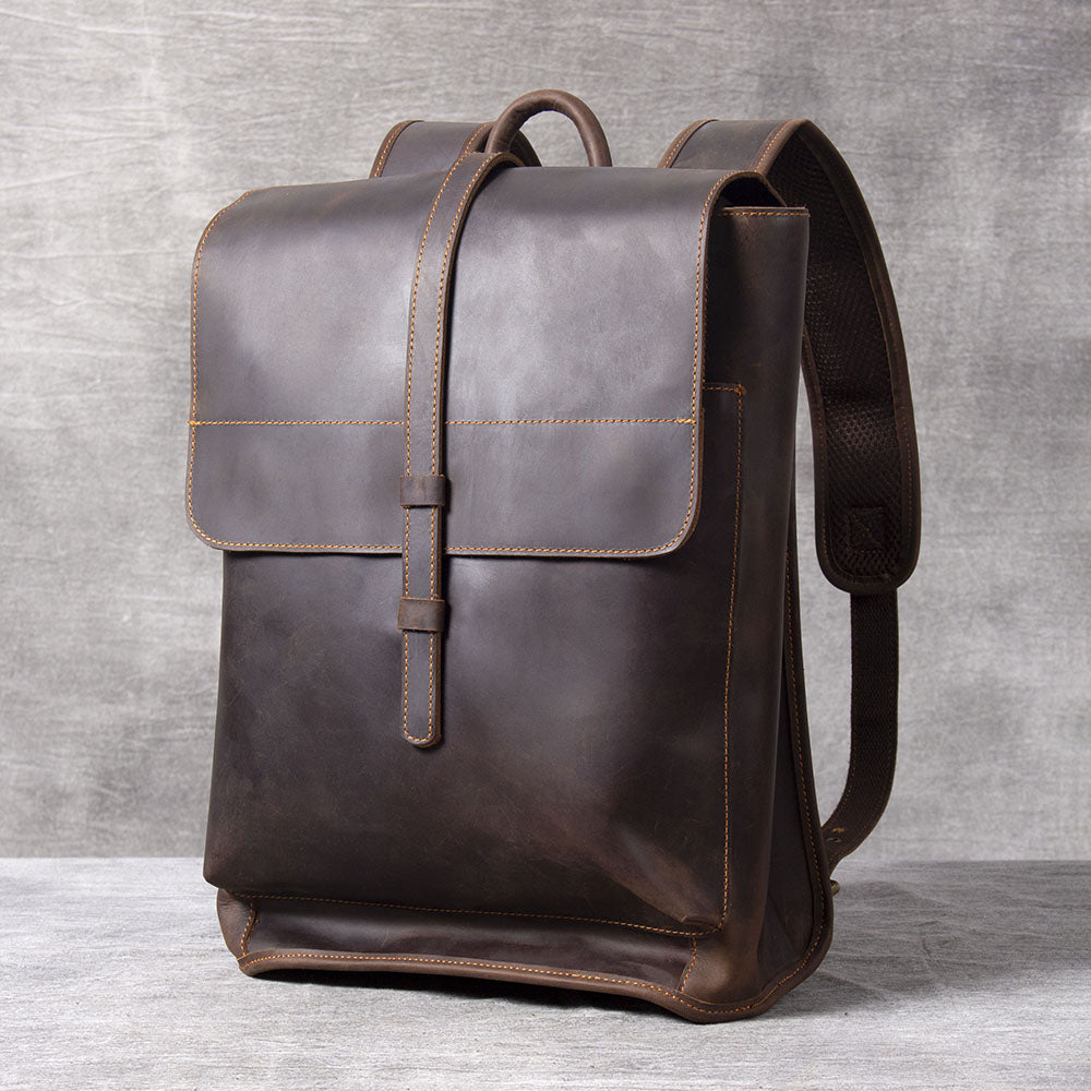 Coffee Full Grain Leather School Backpack