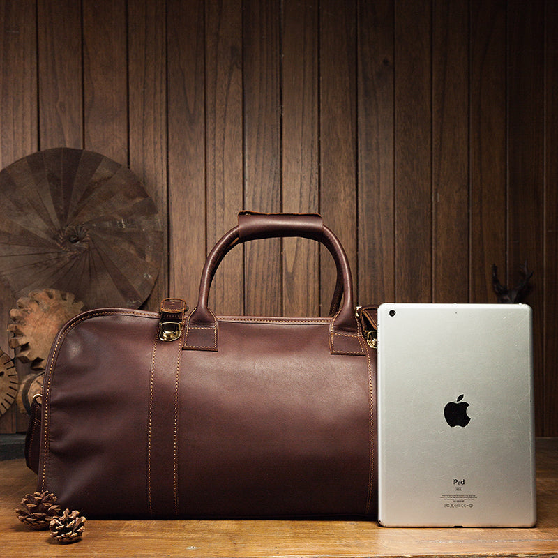 Coffee Full Grain Leather Travel Duffle Weekend Bag