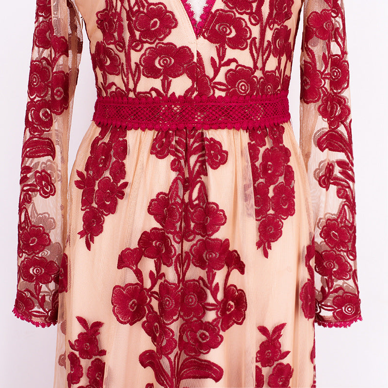 Embroidery Lace Sheer Long Sleeve Deep V Neck Boho Bohemian Beach Dress Gown