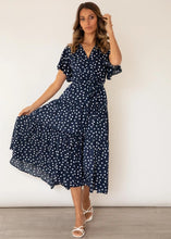 Load image into Gallery viewer, Navy Polka V-neck Tiered Midi Dress
