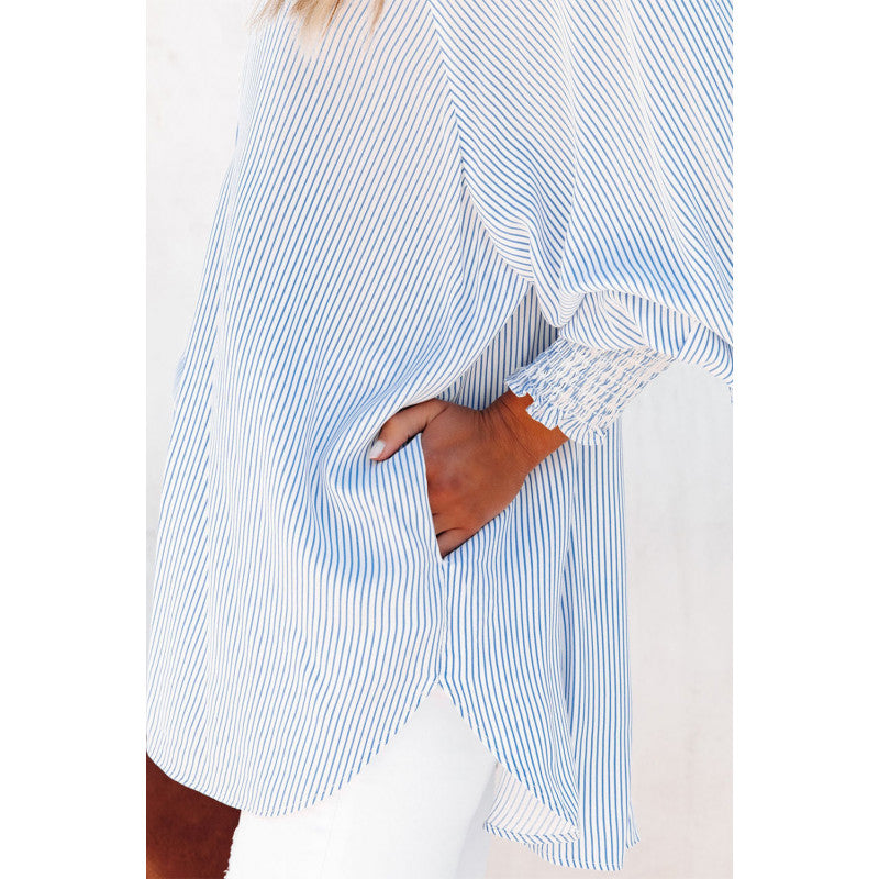 Blue Smocked Cuffed Striped Boyfriend Shirt With Pocket