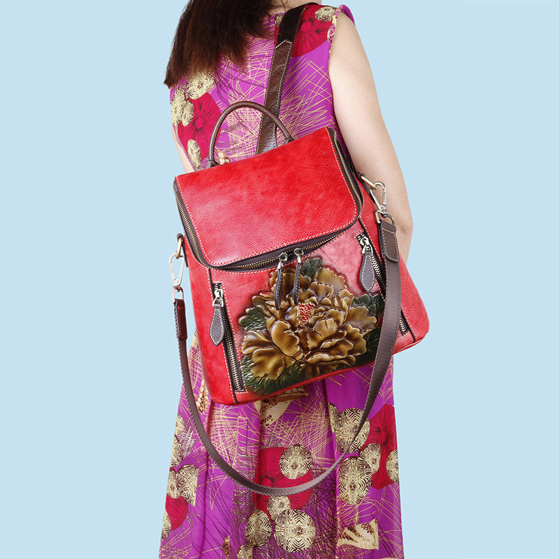 Unique Embossed Floral Leather Leather Backpack for Women