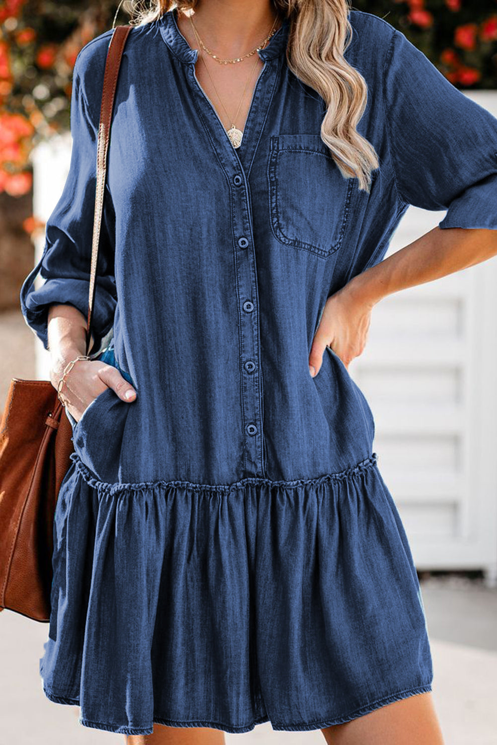 Denim Buttoned Shirt Dress with Pockets