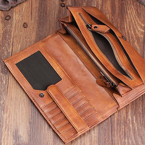 Handmade Leather Cool Long Leather Wallet Bifold Clutch Wallet