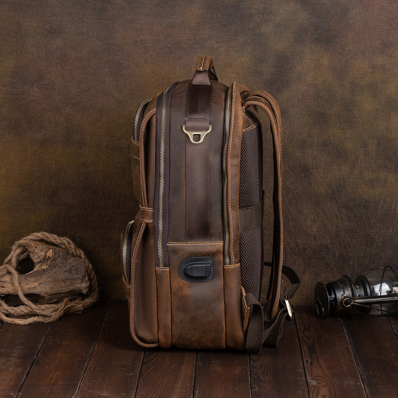 Vintage Genuine Leather School Backpack For Men 15.6 Inch Laptop Bag School Bag Overnight Weekender Camping Daypack Rucksack