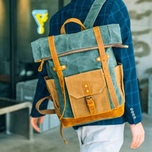 Load image into Gallery viewer, Waterproof College Weekend Travel Laptops Waxed Canvas Leather Roll top Backpack
