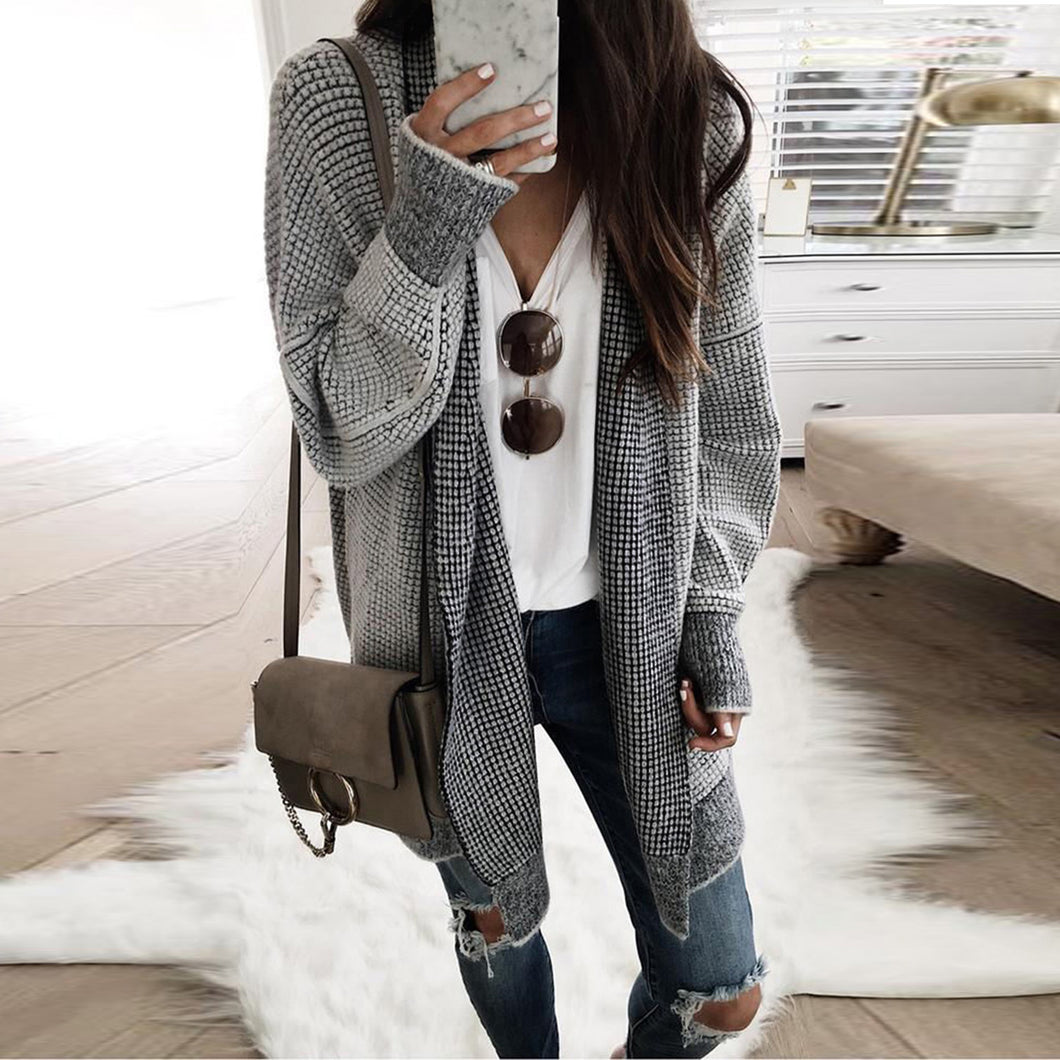 Oversized Grey Checkered Long Cardigan Sweater