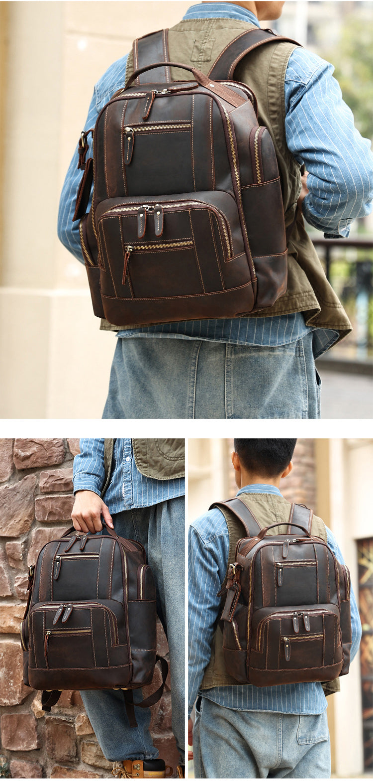 Men's Vintage Full Grain Leather 15.6 Inch Laptop School Backpack Camping Travel 24L Rucksack