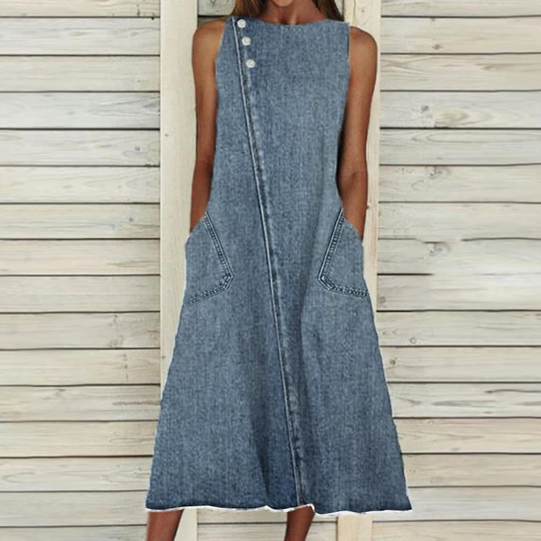 Blue Sleeveless Denim Swing Midi Dress