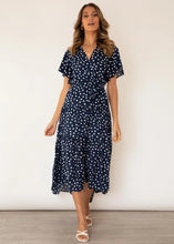 Load image into Gallery viewer, Navy Polka V-neck Tiered Midi Dress
