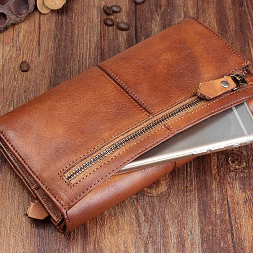 Handmade Leather Cool Long Leather Wallet Bifold Clutch Wallet
