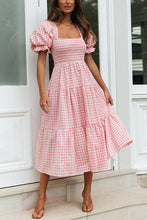 Load image into Gallery viewer, Plaid Square Neck Puff Sleeve Midi Dress
