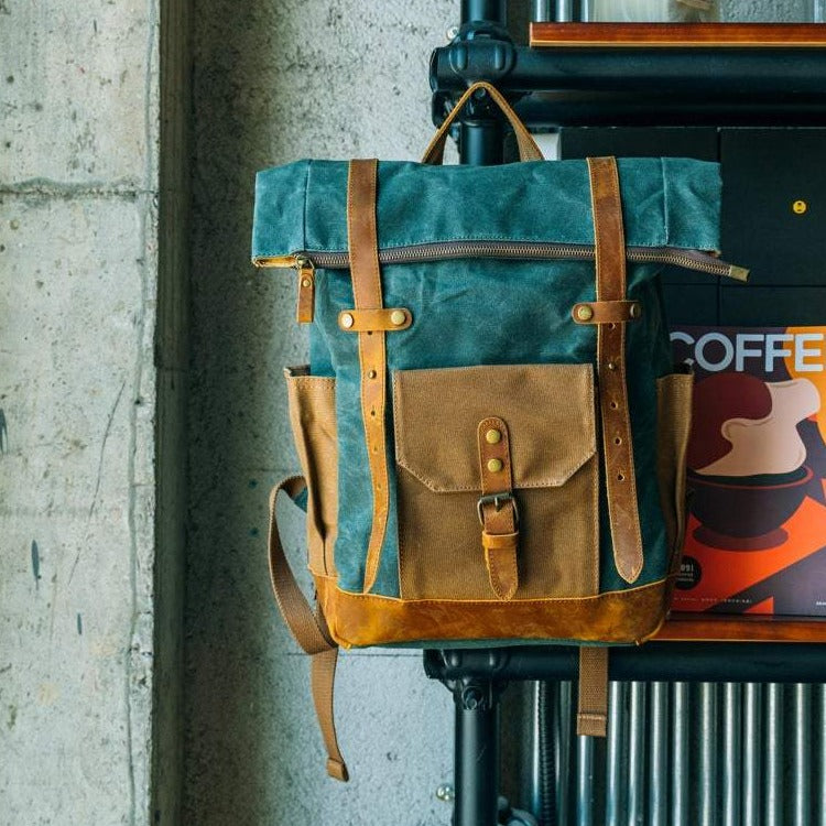 Waterproof College Weekend Travel Laptops Waxed Canvas Leather Roll top Backpack
