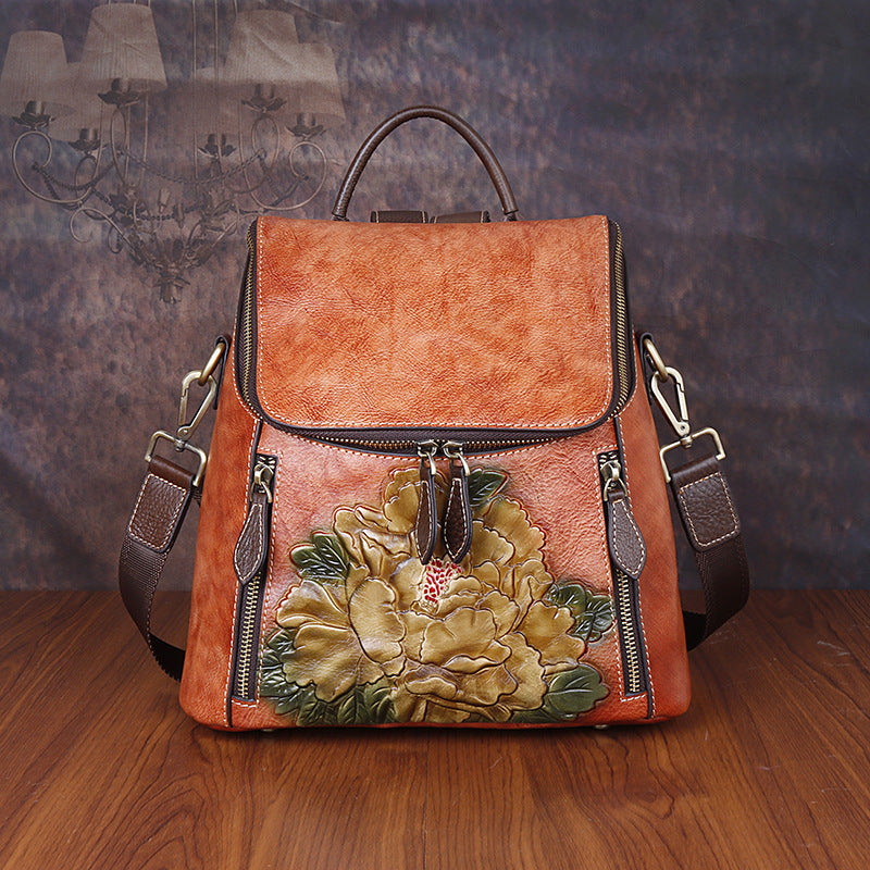 Unique Embossed Floral Leather Leather Backpack for Women