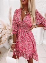 Load image into Gallery viewer, Pink Floral Shirred Ruffle Mini Dress
