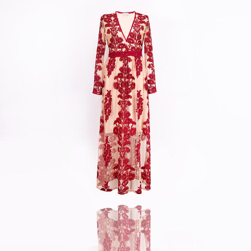 Embroidery Lace Sheer Long Sleeve Deep V Neck Boho Bohemian Beach Dress Gown