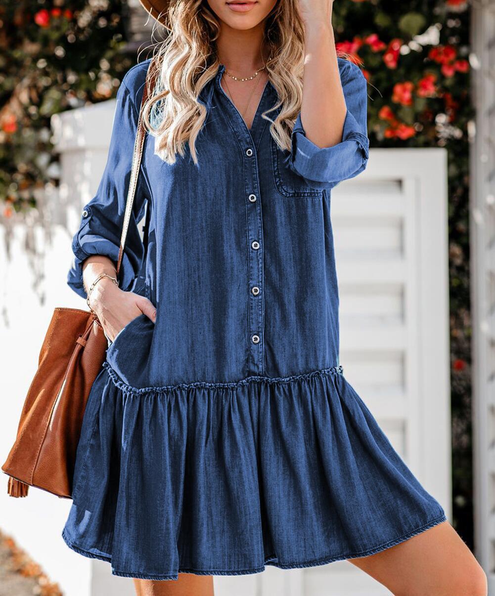 Denim Buttoned Shirt Dress with Pockets
