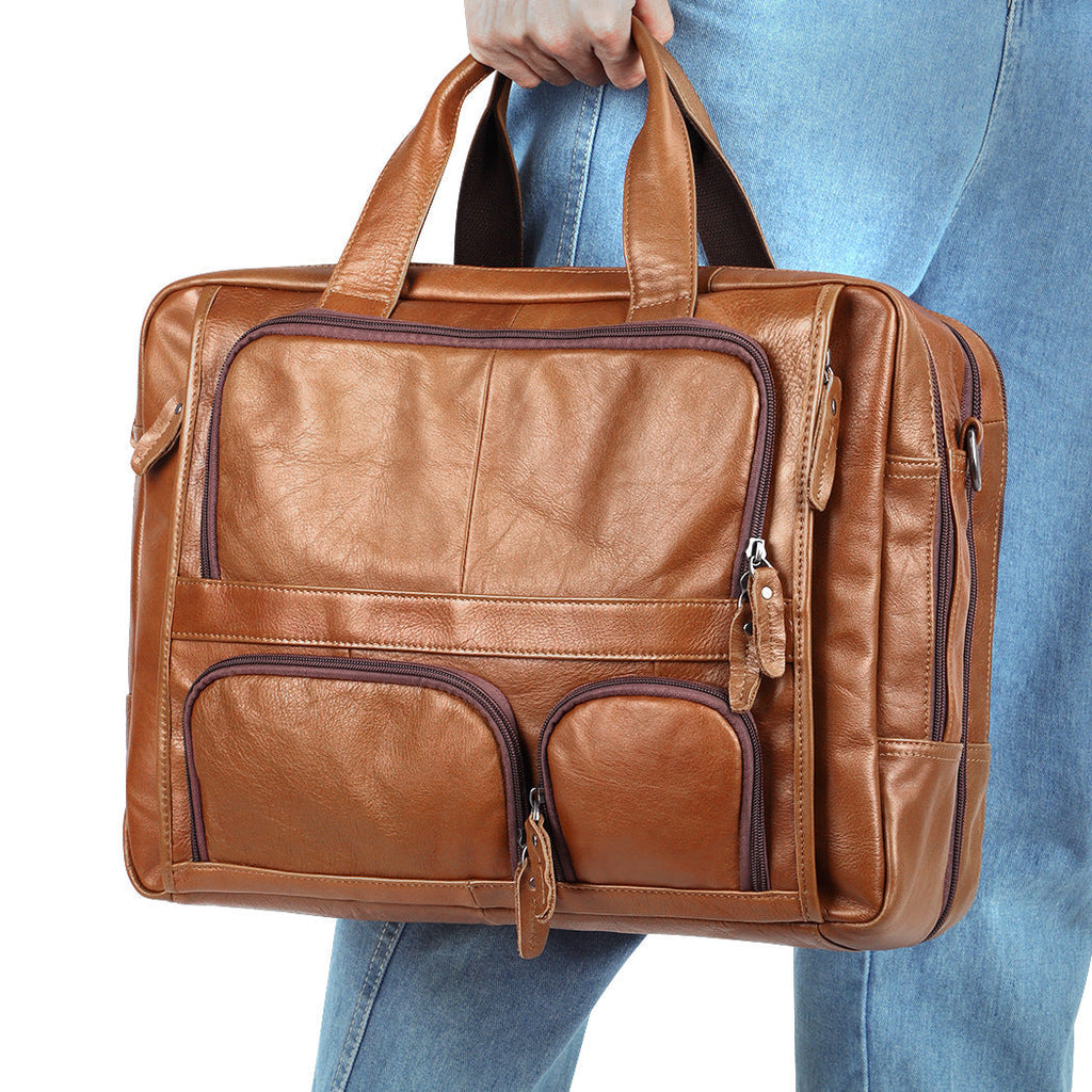 Men Pockets Front Handmade Leather 17" Briefcase Laptop Bag