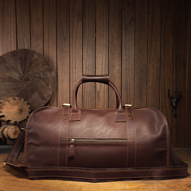 Coffee Full Grain Leather Travel Duffle Weekend Bag