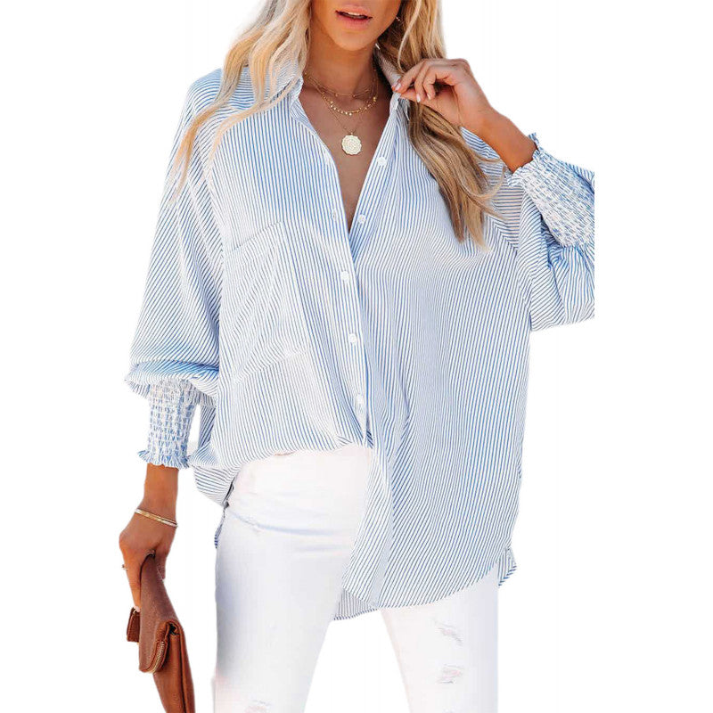 Blue Smocked Cuffed Striped Boyfriend Shirt With Pocket