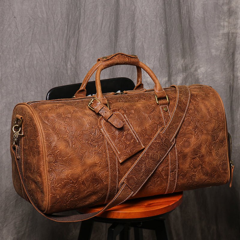 Brown Embossed Full Grain Travel Weekender Leather Duffel Bag