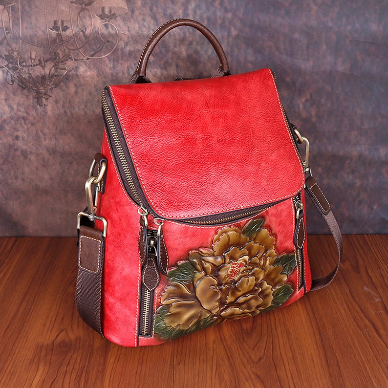 Unique Embossed Floral Leather Leather Backpack for Women
