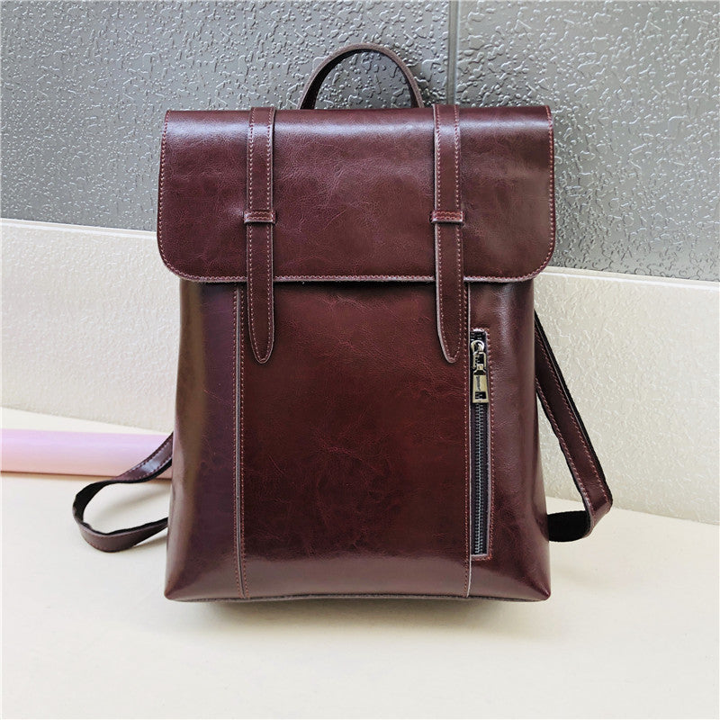 Coffee Zipper Leather Backpack for Women