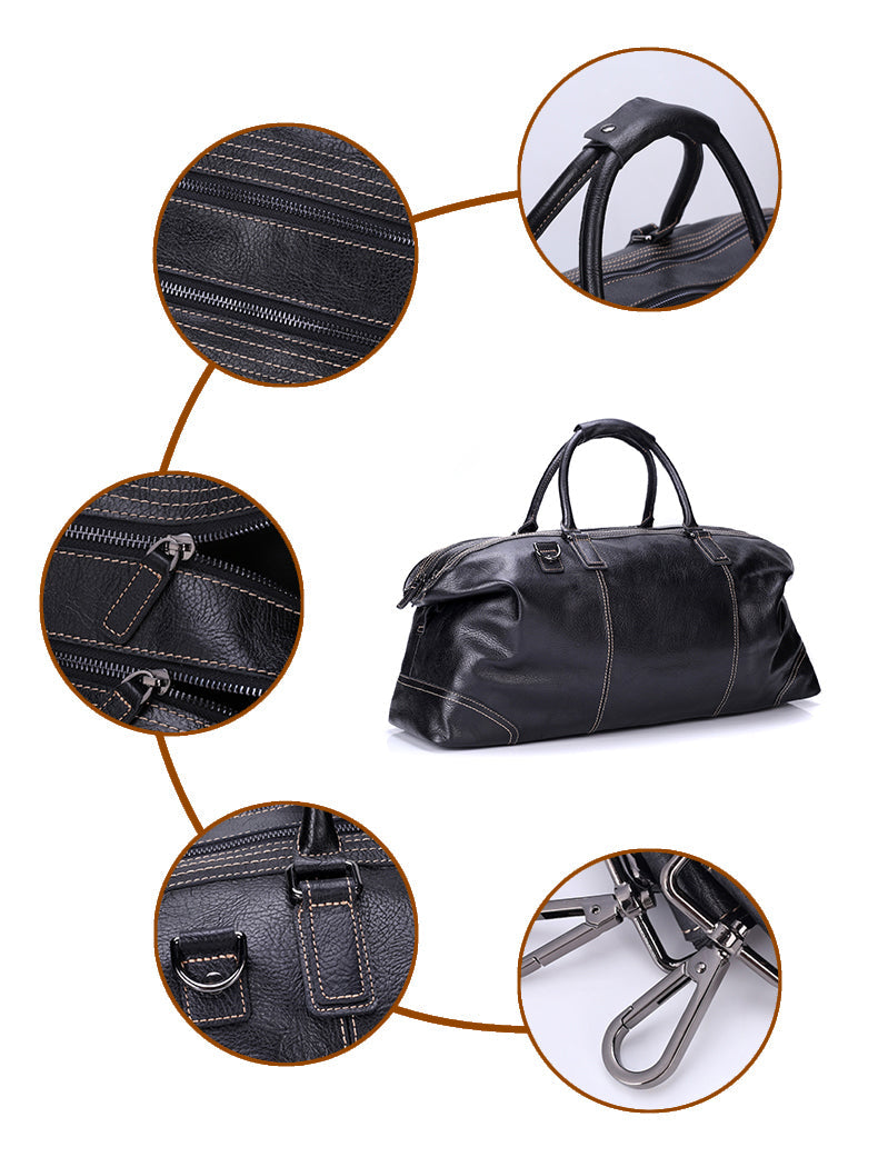 Black Full Grain Travel Weekender Duffel Bag for Men