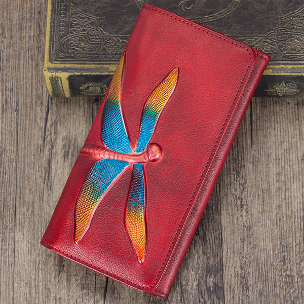 Personalized Wallet Womens Leather Wallet Purse Drangonfly Embossed Clutch Wallets for Women