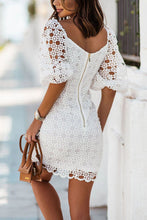 Load image into Gallery viewer, White Crochet Lace Puff Sleeve Mini Dress
