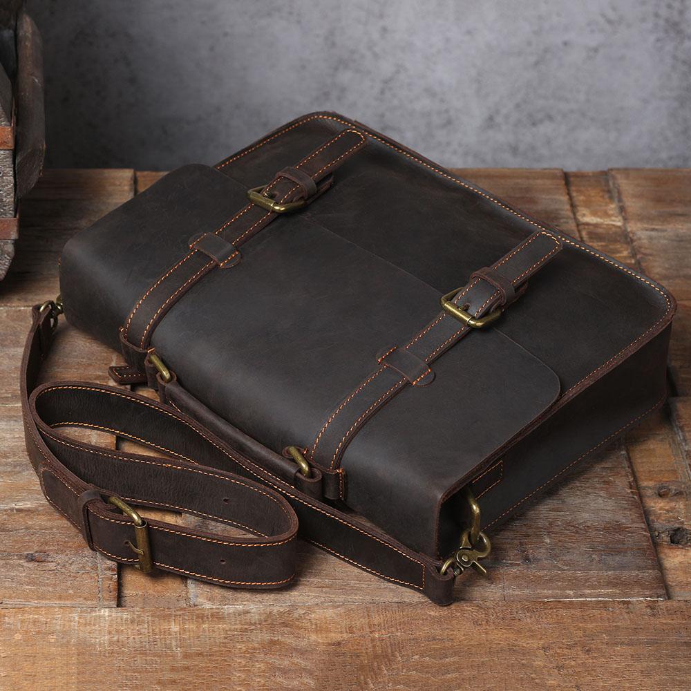 Coffee Leather Laptop Shoulder Bag