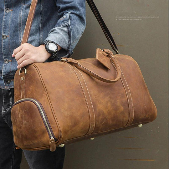 Travel Weekender Leather Duffel Bag With Shoe Pocket