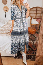 Load image into Gallery viewer, Blue Boho Floral Print Button Maxi Dress
