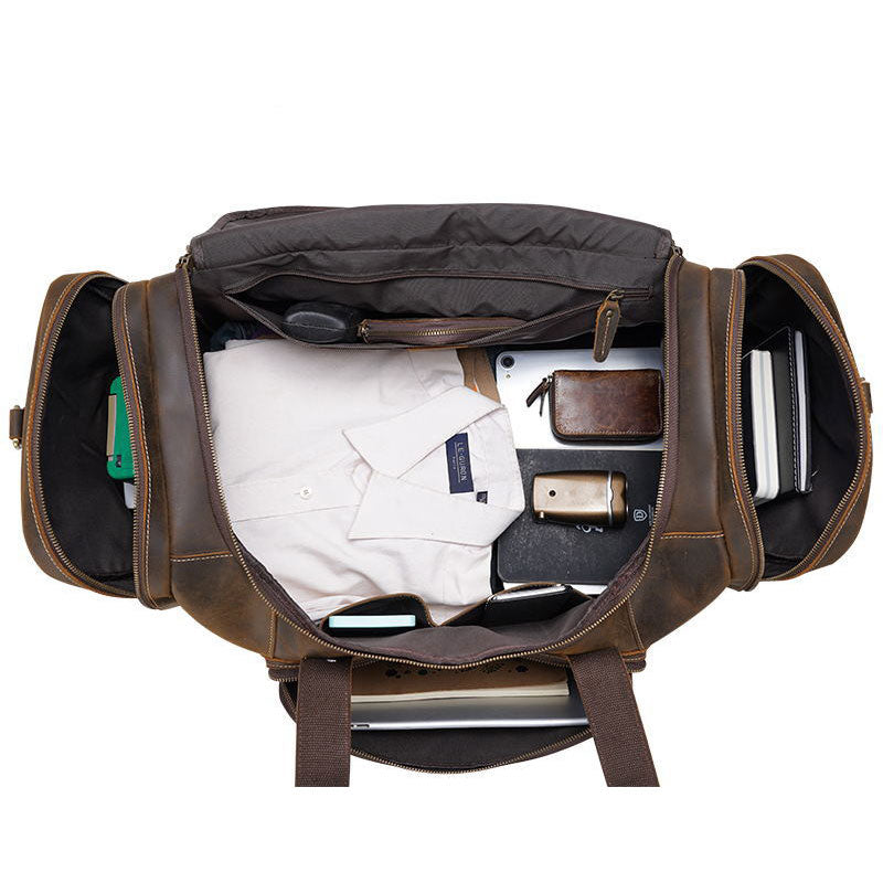 Brown Leather Travel Weekender Bag with Front Pocket