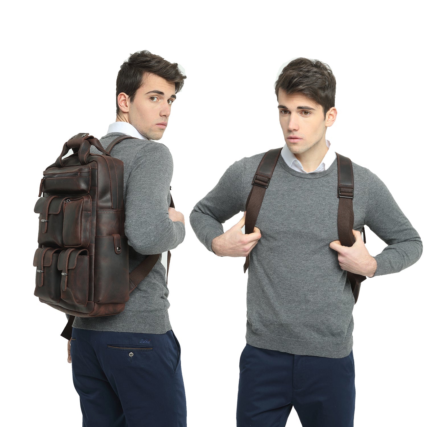 Cowhide Leather Multiple Laptop School Backpack Day pack Travel Bag Satchel with Zippers