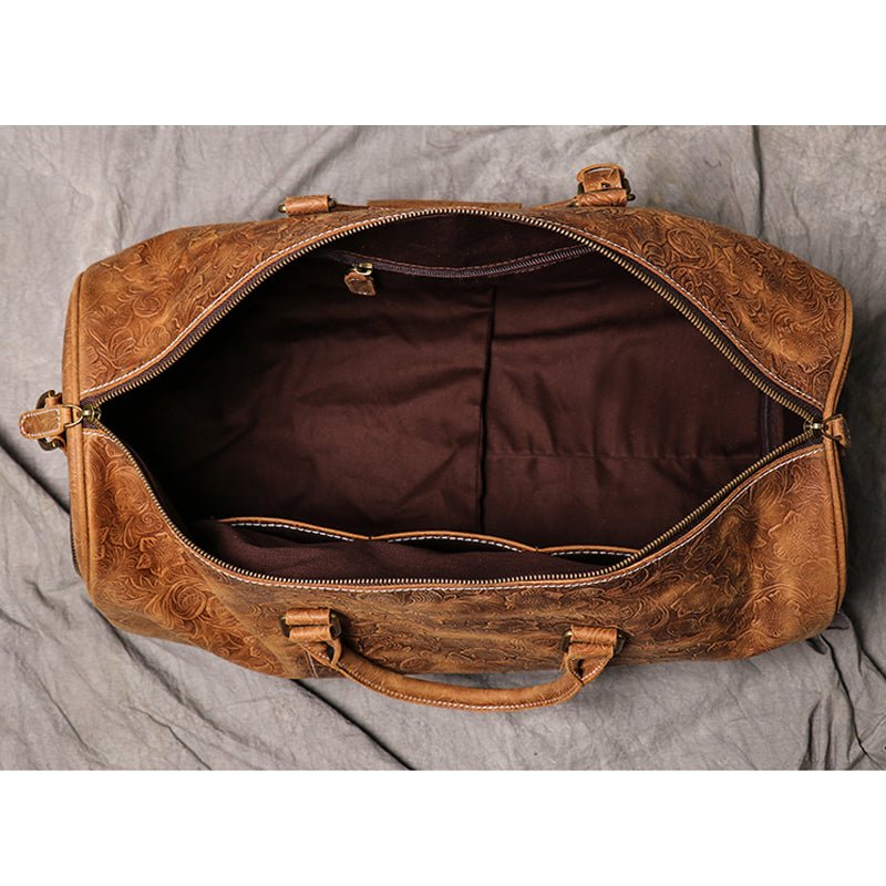 Brown Embossed Full Grain Travel Weekender Leather Duffel Bag