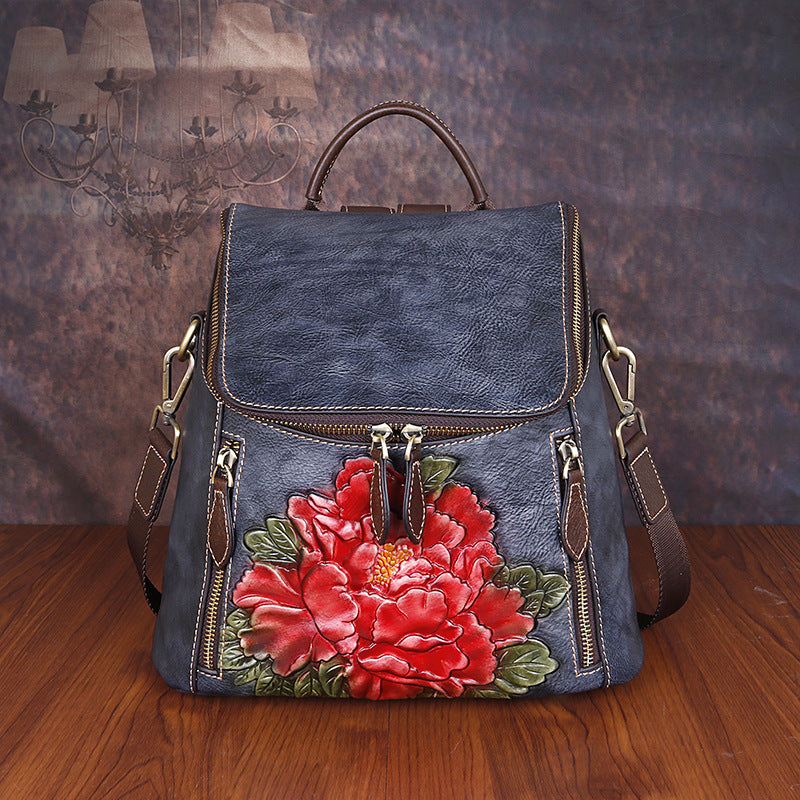 Unique Embossed Floral Leather Leather Backpack for Women