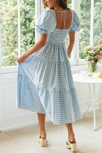 Load image into Gallery viewer, Plaid Square Neck Puff Sleeve Midi Dress
