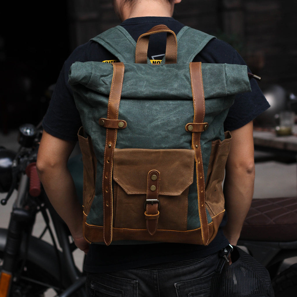 Waterproof College Weekend Travel Laptops Waxed Canvas Leather Roll top Backpack