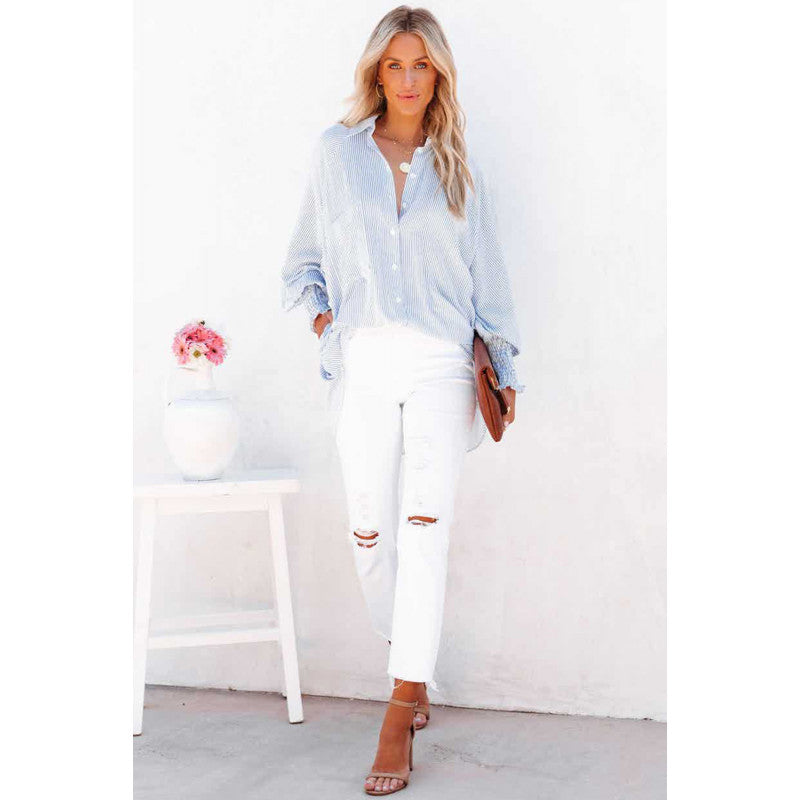 Blue Smocked Cuffed Striped Boyfriend Shirt With Pocket