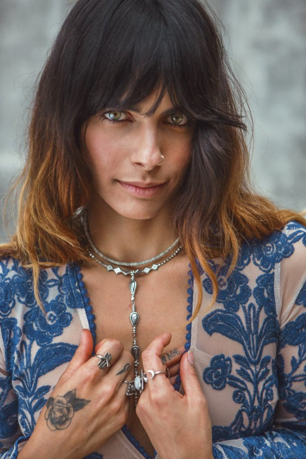 Embroidery Lace Sheer Long Sleeve Deep V Neck Boho Bohemian Beach Dress Gown