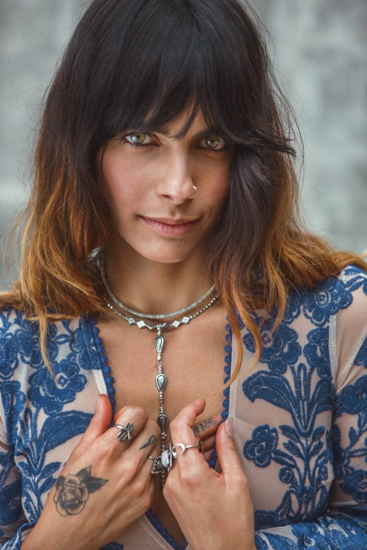 Embroidery Lace Sheer Long Sleeve Deep V Neck Boho Bohemian Beach Dress Gown