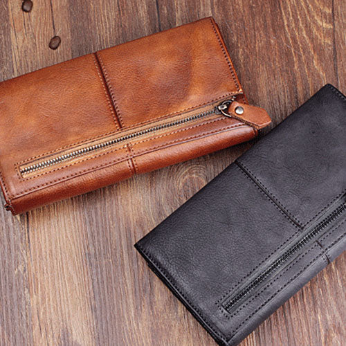 Handmade Leather Cool Long Leather Wallet Bifold Clutch Wallet