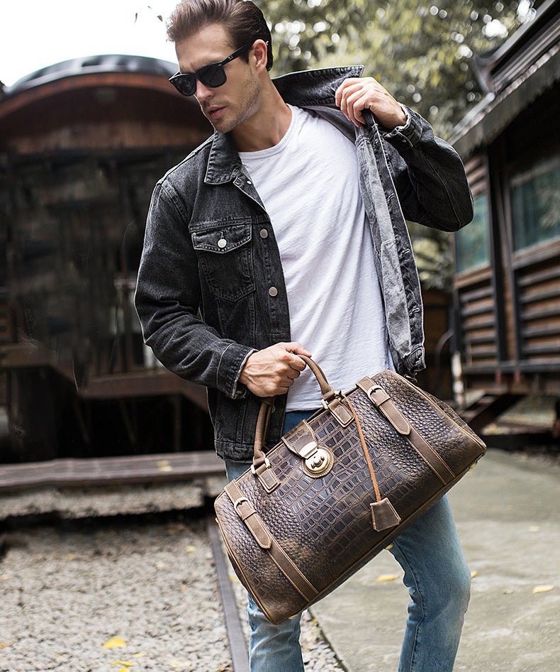 Crocodile Patterned Leather Travel Duffel Weekender Bag