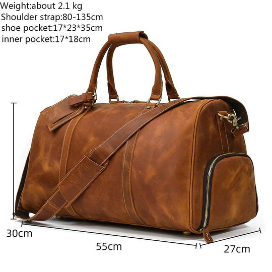 Travel Weekender Leather Duffel Bag With Shoe Pocket