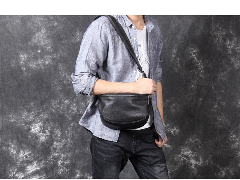 Black Leather Crossbody Sling Bag for Men
