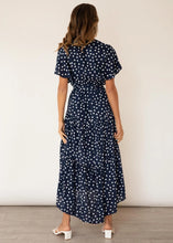 Load image into Gallery viewer, Navy Polka V-neck Tiered Midi Dress
