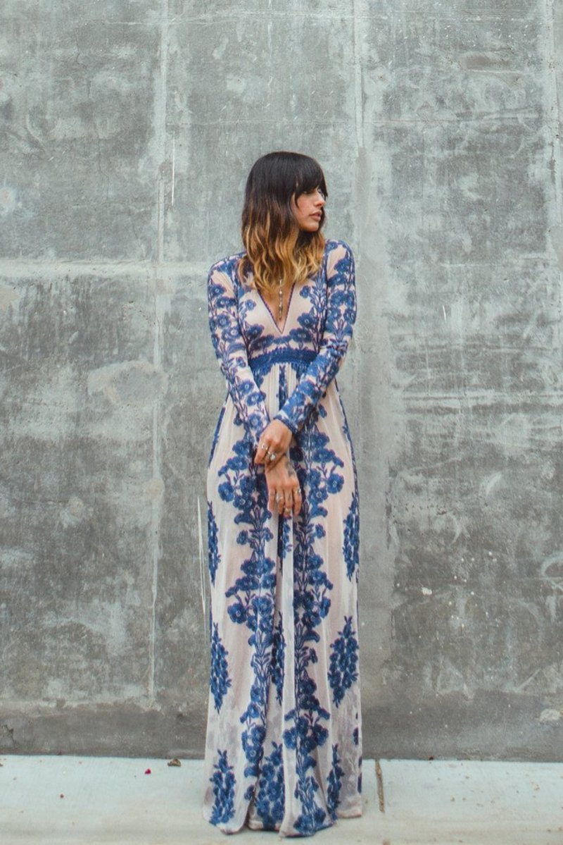 Embroidery Lace Sheer Long Sleeve Deep V Neck Boho Bohemian Beach Dress Gown