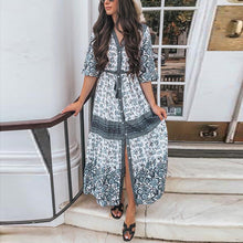 Load image into Gallery viewer, Blue Boho Floral Print Button Maxi Dress
