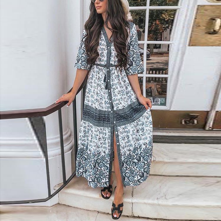 Blue Boho Floral Print Button Maxi Dress